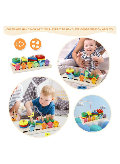 Children Wooden Fishing Set With Two In One Montessori Shape Cognitive Matching Hand Eye Coordination Puzzle Toy