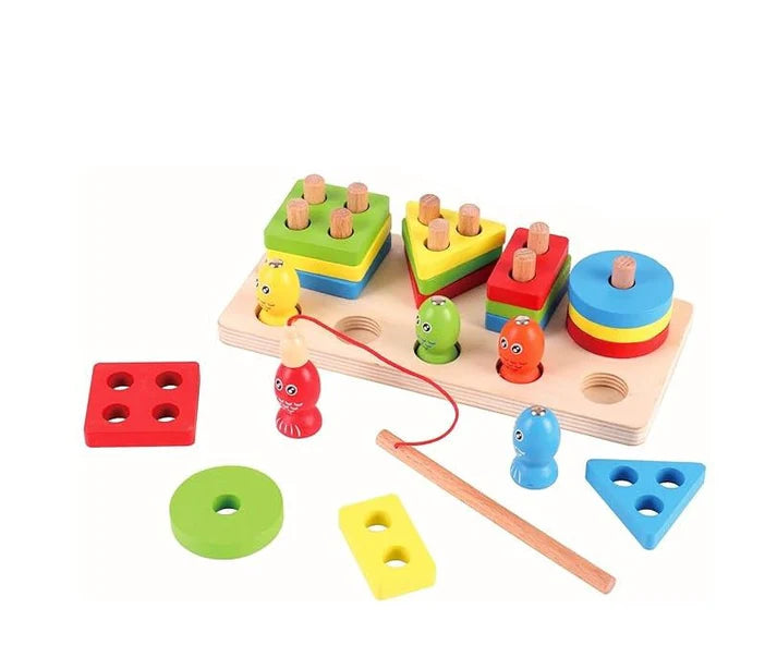Children Wooden Fishing Set With Two In One Montessori Shape Cognitive Matching Hand Eye Coordination Puzzle Toy